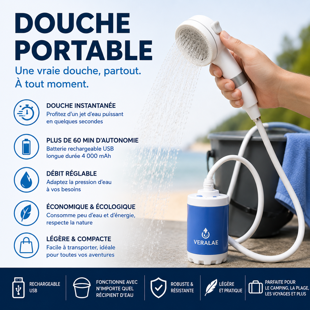 Pompe à eau portable : Une vraie douche, où que l'aventure vous mène.